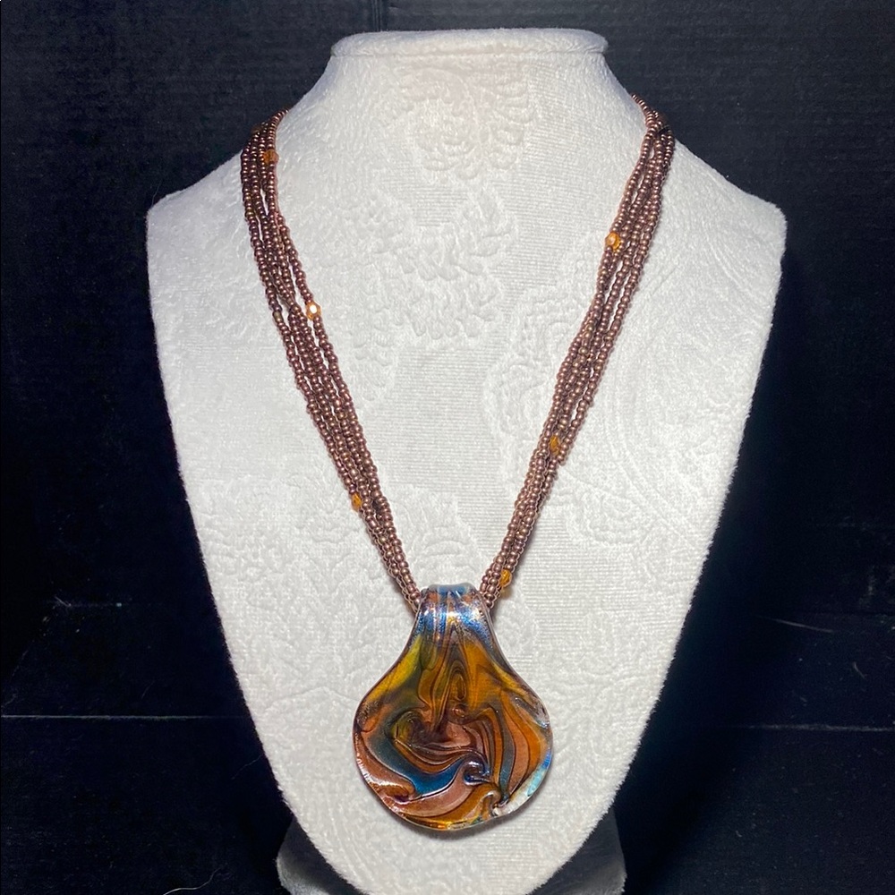 Vintage Murano Brown Swirl Pendant Necklace with Multi-Strand Cord